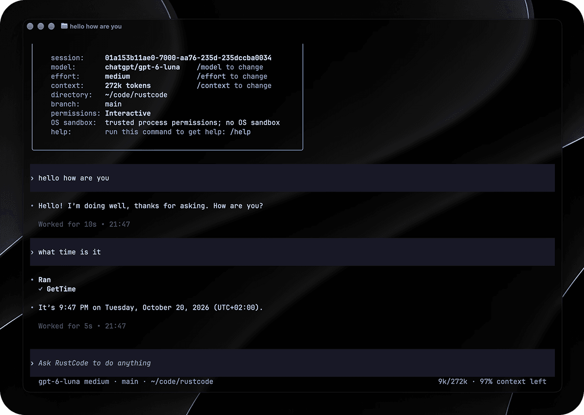 RustCode running in its native macOS app